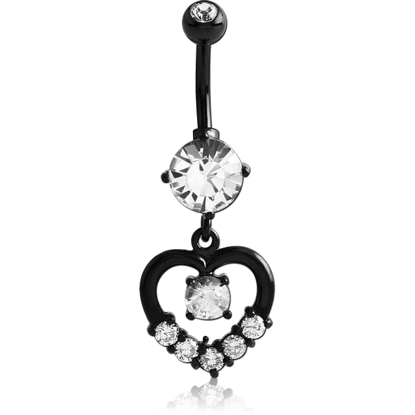BLACK PVD COATED BRASS DOUBLE SWAROVSKI CRYSTALS JEWELLED ROUND NAVEL BANANA WITH HEART CHARM