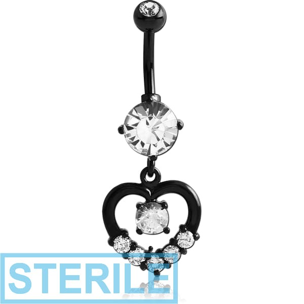 STERILE BLACK PVD COATED BRASS DOUBLE JEWELLED ROUND NAVEL BANANA WITH HEART CHARM