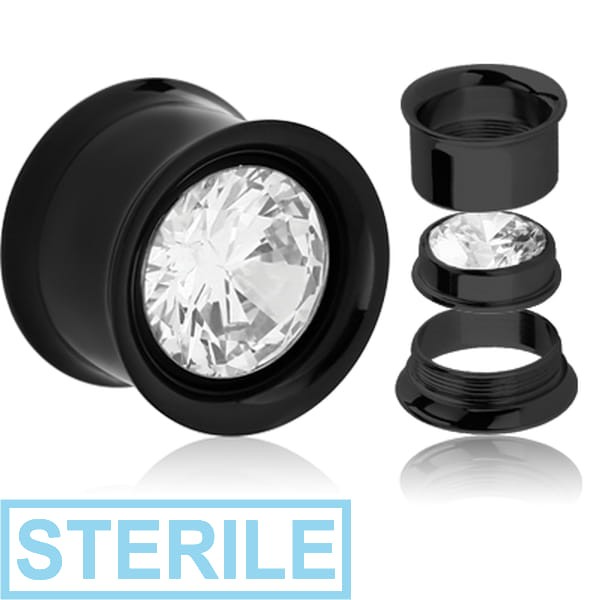 STERILE BLACK PVD COATED STAINLESS STEEL DOUBLE FLARED THREADED TUNNEL WITH REMOVABLE JEWELLED