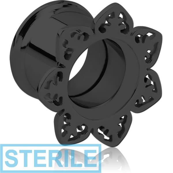 STERILE BLACK PVD COATED STAINLESS STEEL DOUBLE FLARED INTERNALLY THREADED TUNNEL - FLOWER