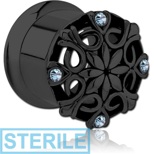 STERILE BLACK PVD COATED STAINLESS STEEL DOUBLE FLARED INTERNALLY THREADED JEWELLED TUNNEL