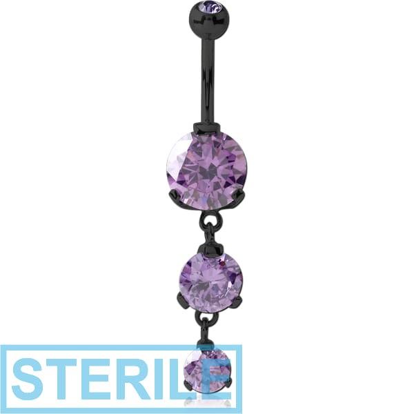 STERILE BLACK PVD COATED SURGICAL STEEL TRIPLE ROUND CZ DOUBLE JEWELLED DANGLE NAVEL BANANA