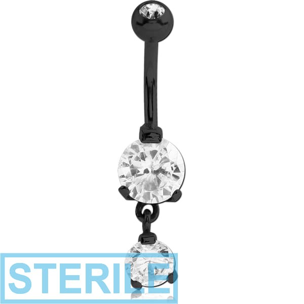 STERILE BLACK PVD COATED SURGICAL STEEL TRIPLE HEART CZ DOUBLE JEWELLED DANGLE NAVEL BANANA