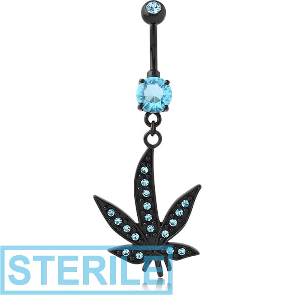 STERILE BLACK PVD COATED SURGICAL STEEL DOUBLE JEWELLED NAVEL BANANA - MARIJUANA LEAF