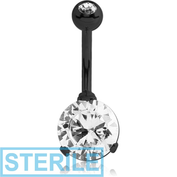 STERILE BLACK PVD COATED SURGICAL STEEL ROUND 10MM CZ DOUBLE JEWELLED NAVEL BANANA