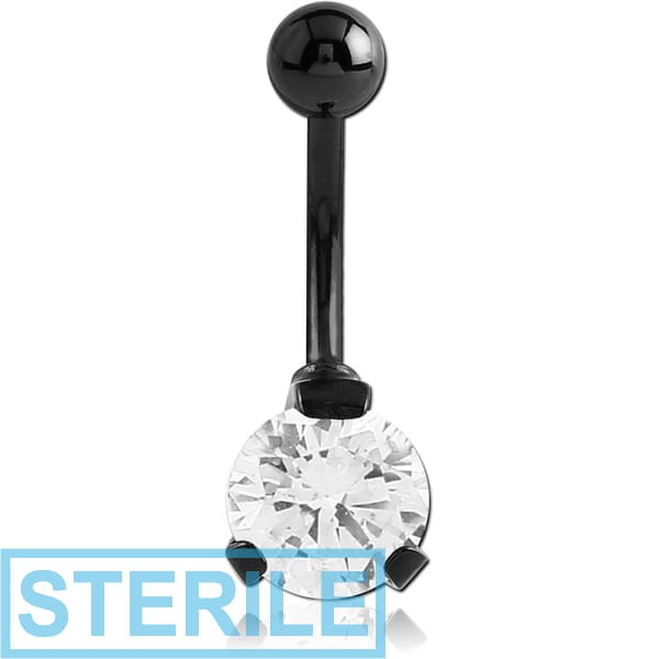 STERILE BLACK PVD COATED SURGICAL STEEL ROUND PRONG SET 8MM CZ JEWELLED NAVEL BANANA