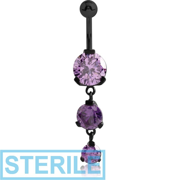 STERILE BLACK PVD COATED SURGICAL STEEL TRIPLE ROUND CZ JEWELLED WITH DANGLING NAVEL BANANA