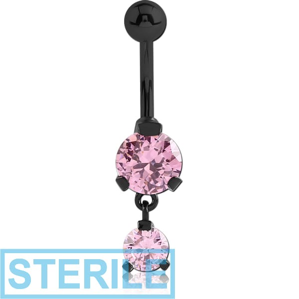 STERILE BLACK PVD COATED SURGICAL STEEL DOUBLE ROUND CZ JEWELLED WITH DANGLING NAVEL BANANA