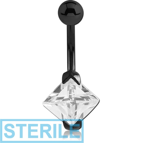 STERILE BLACK PVD COATED SURGICAL STEEL SQUARE PRONG SET 8MM CZ JEWELLED NAVEL BANANA
