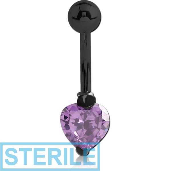 STERILE BLACK PVD COATED SURGICAL STEEL HEART PRONG SET 8MM CZ JEWELLED NAVEL BANANA