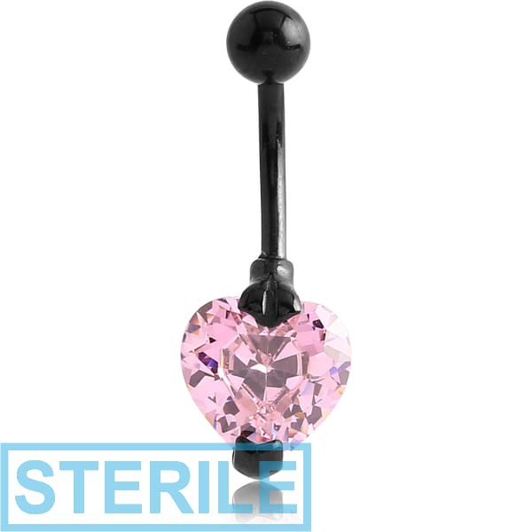 STERILE BLACK PVD COATED SURGICAL STEEL HEART PRONG SET 10MM CZ JEWELLED NAVEL BANANA