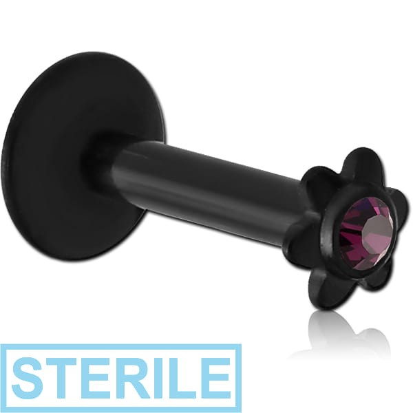 STERILE BLACK PVD COATED SURGICAL STEEL INTERNALLY THREADED MICRO LABRET WITH JEWELLED FLOWER
