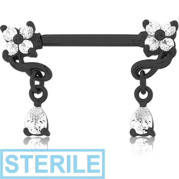 STERILE BLACK PVD COATED SURGICAL STEEL NIPPLE PIERCING INTERNAL THREADED BAR WITH MOVING CHARM FINE JEWELLED