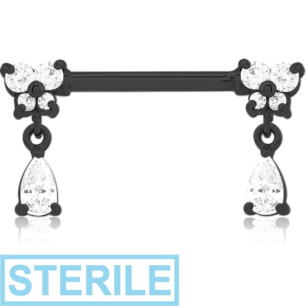 STERILE BLACK PVD COATED SURGICAL STEEL NIPPLE PIERCING INTERNAL THREADED BAR WITH MOVING CHARM FINE JEWELLED
