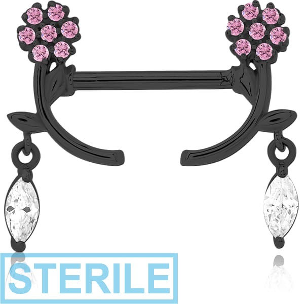 STERILE BLACK PVD COATED SURGICAL STEEL NIPPLE PIERCING INTERNAL THREADED BAR WITH MOVING CHARM FINE JEWELLED