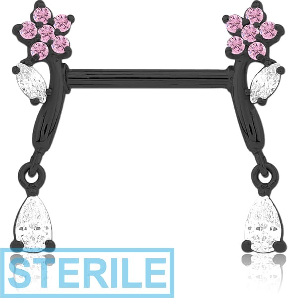 STERILE BLACK PVD COATED SURGICAL STEEL NIPPLE PIERCING INTERNAL THREADED BAR WITH MOVING CHARM FINE JEWELLED