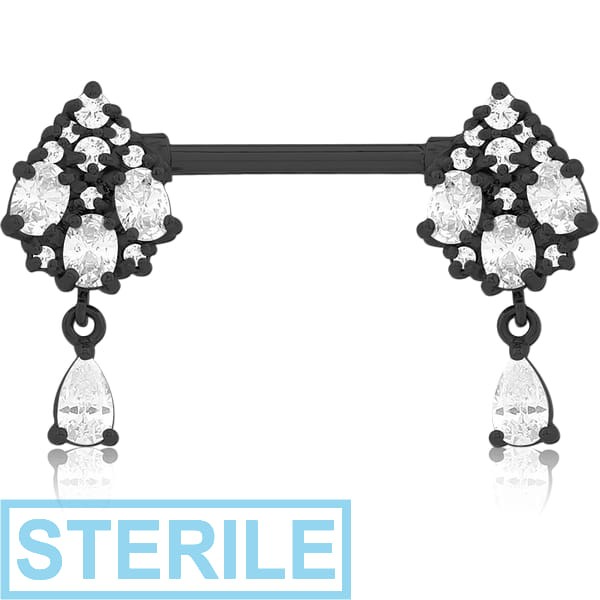 STERILE BLACK PVD COATED SURGICAL STEEL NIPPLE PIERCING INTERNAL THREADED BAR WITH MOVING CHARM FINE JEWELLED