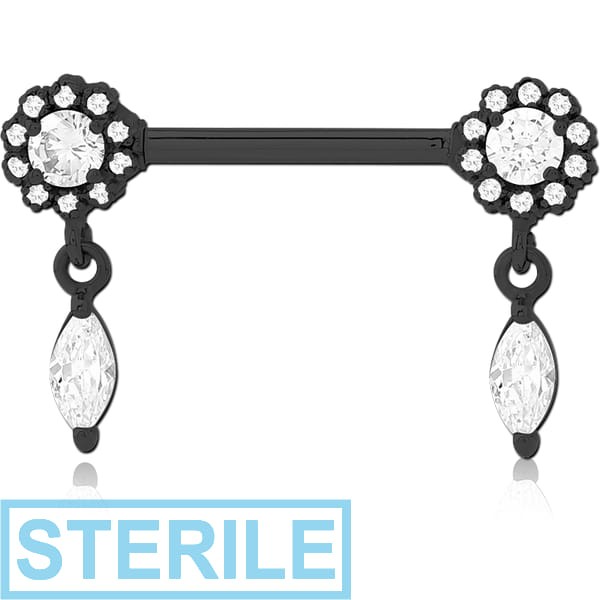 STERILE BLACK PVD COATED SURGICAL STEEL NIPPLE PIERCING INTERNAL THREADED BAR WITH MOVING CHARM FINE JEWELLED