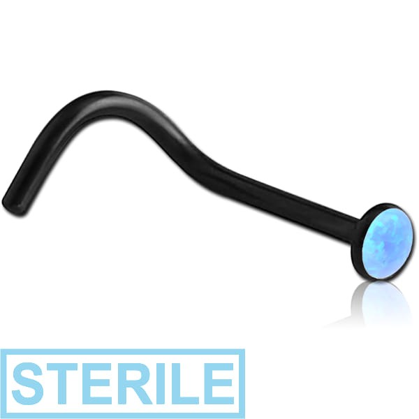 STERILE BLACK PVD COATED SURGICAL STEEL JEWELLED CURVED NOSE STUD WITH SYNTHETIC OPAL