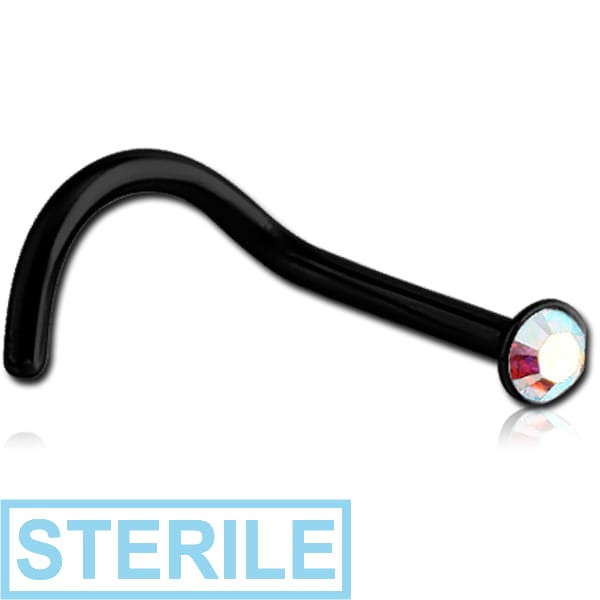 STERILE BLACK PVD COATED SURGICAL STEEL VALUE CRYSTAL JEWELLED NOSE STUD WITH GLUED STONE