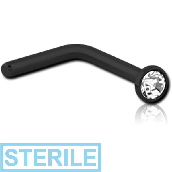 STERILE BLACK PVD COATED SURGICAL STEEL OPTIMA CRYSTAL JEWELLED 90 DEGREE NOSE STUD