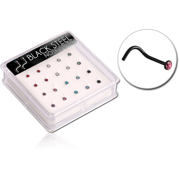BOX OF 20 BLACK PVD COATED SURGICAL STEEL JEWELLED CURVED NOSE STUDS