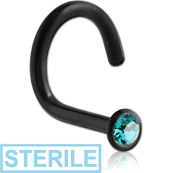 STERILE BLACK PVD COATED SURGICAL STEEL HIGH END CRYSTAL JEWELLED LARGE LEFT CURVE NOSE STUD