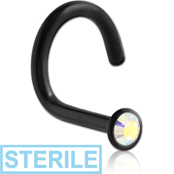 STERILE BLACK PVD COATED SURGICAL STEEL OPTIMA CRYSTAL JEWELLED LARGE LEFT CURVE NOSE STUD