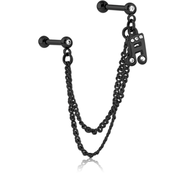 BLACK PVD COATED SURGICAL STEEL JEWELLED TRAGUS MICRO BARBELLS CHAIN LINKED - MUSIC NOTE