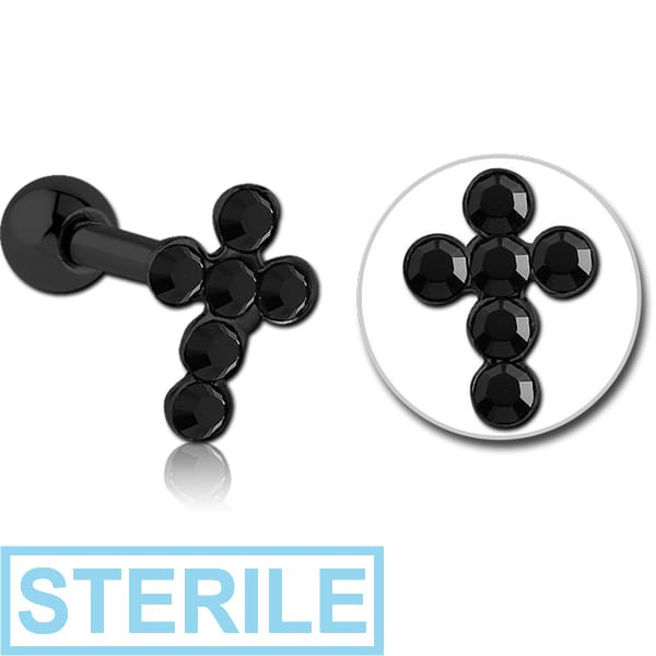 STERILE BLACK PVD COATED SURGICAL STEEL JEWELLED CROSS TRAGUS MICRO BARBELL
