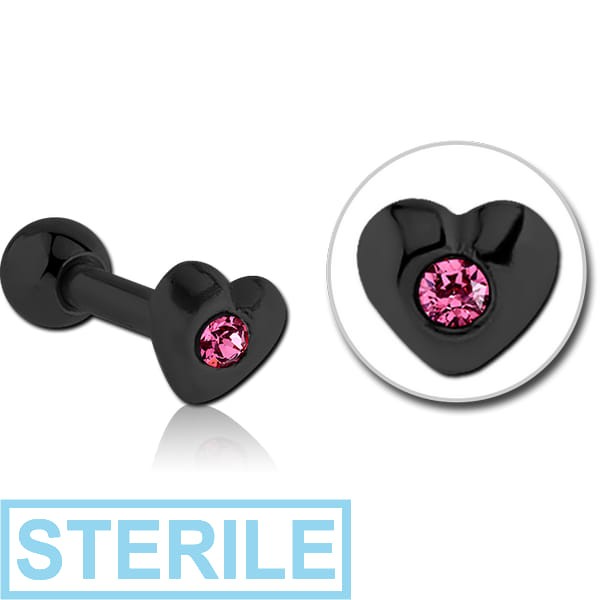 STERILE BLACK PVD COATED SURGICAL STEEL JEWELLED HEART TRAGUS MICRO BARBELL