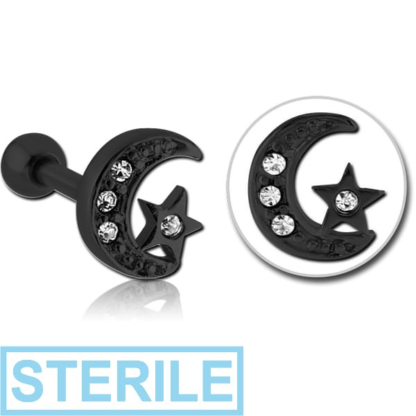 STERILE BLACK PVD COATED SURGICAL STEEL JEWELLED TRAGUS MICRO BARBELL - CRESCENT AND STAR