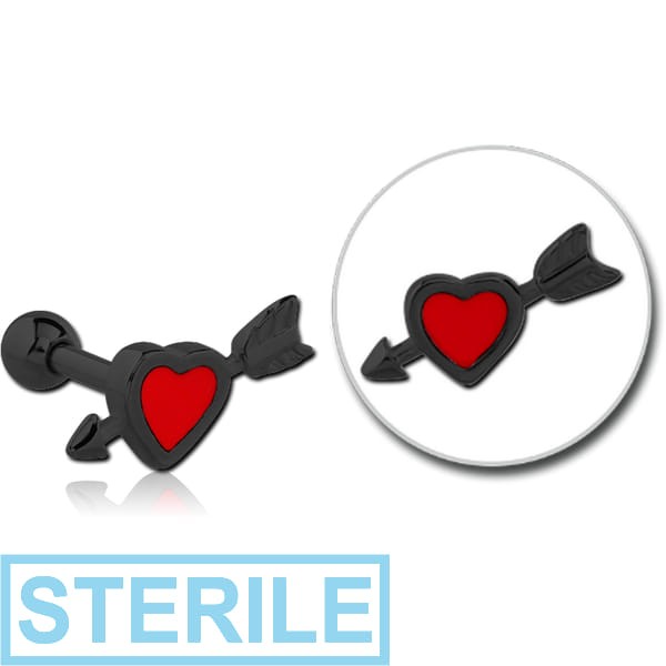 STERILE BLACK PVD COATED SURGICAL STEEL TRAGUS MICRO BARBELL WITH ENAMEL - HEART WITH ARROW