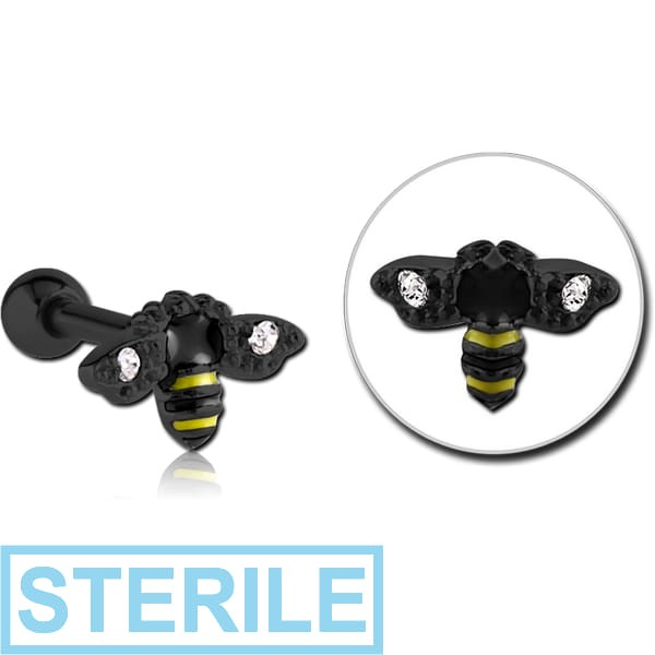 STERILE BLACK PVD COATED SURGICAL STEEL JEWELLED TRAGUS MICRO BARBELL WITH ENAMEL - BEE