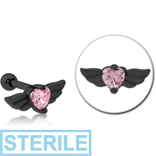 STERILE BLACK PVD COATED SURGICAL STEEL JEWELLED TRAGUS MICRO BARBELL - WINGED HEART