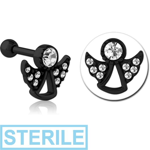 STERILE BLACK PVD COATED SURGICAL STEEL JEWELLED TRAGUS MICRO BARBELL - ANGLE