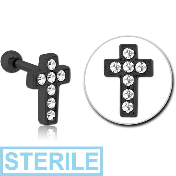 STERILE BLACK PVD COATED SURGICAL STEEL JEWELLED TRAGUS MICRO BARBELL - CROSS
