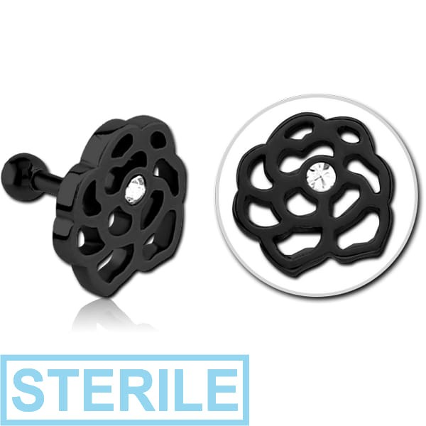 STERILE BLACK PVD COATED SURGICAL STEEL JEWELLED TRAGUS MICRO BARBELL - FLOWER