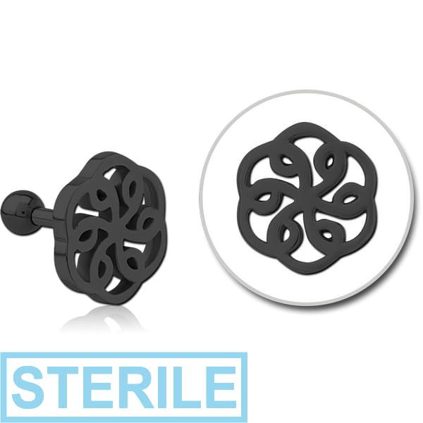 STERILE BLACK PVD COATED SURGICAL STEEL TRAGUS MICRO BARBELL - FLOWER