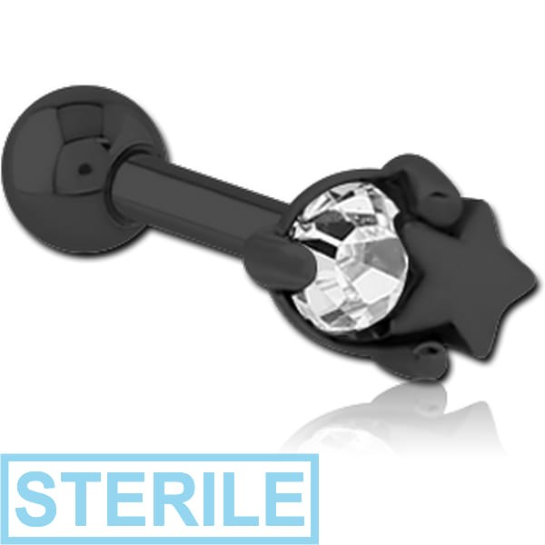 STERILE BLACK PVD COATED SURGICAL STEEL JEWELLED TRAGUS MICRO BARBELL - STAR AND GEM