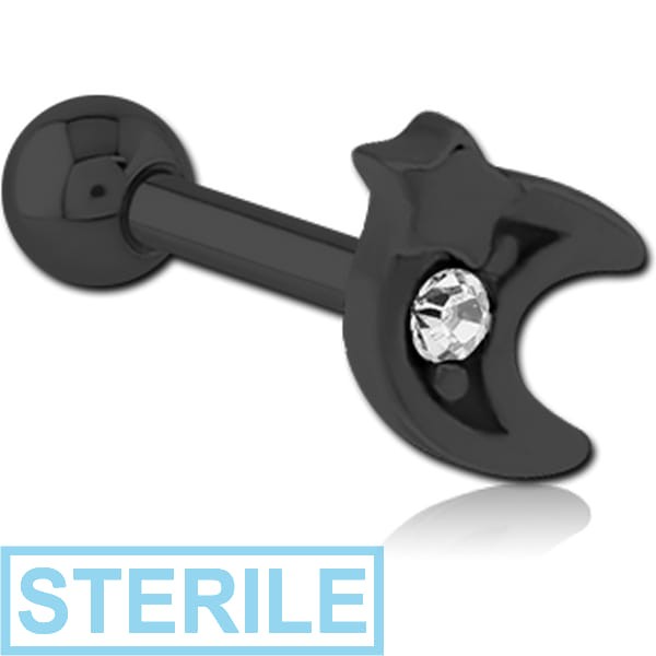 STERILE BLACK PVD COATED SURGICAL STEEL JEWELLED TRAGUS MICRO BARBELL - CRESCENT AND STAR