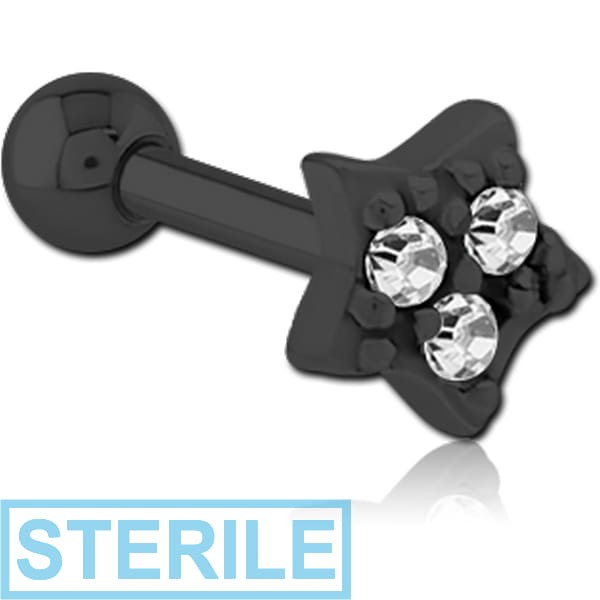 STERILE BLACK PVD COATED SURGICAL STEEL JEWELLED TRAGUS MICRO BARBELL - STAR PRONGS