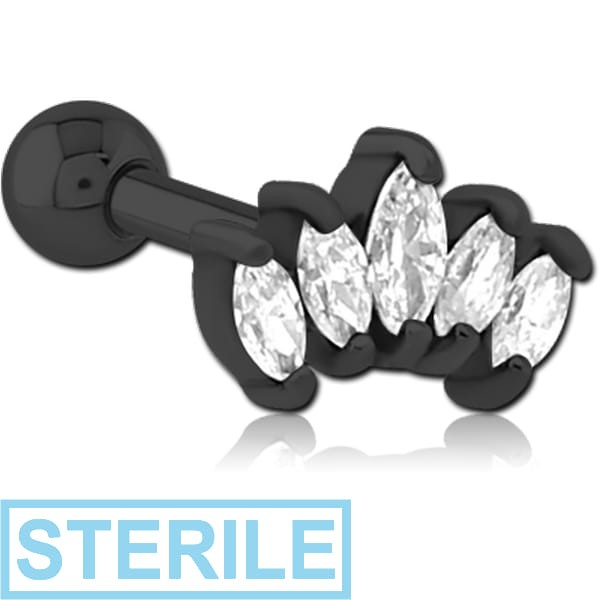 STERILE BLACK PVD COATED SURGICAL STEEL JEWELLED TRAGUS MICRO BARBELL - FIVE GEMS
