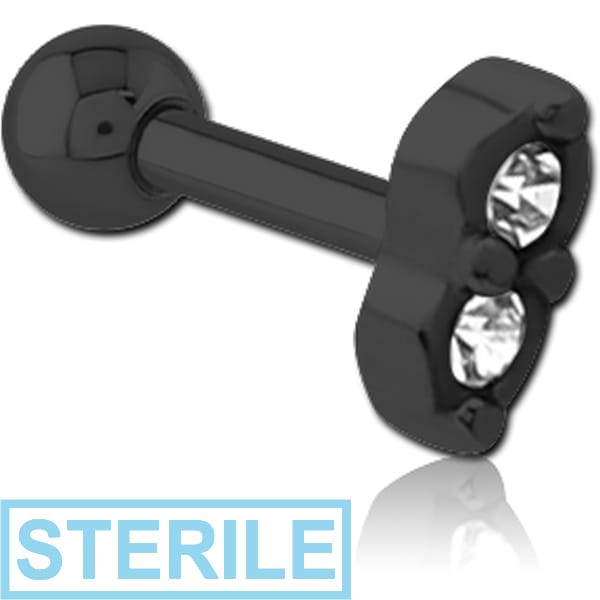 STERILE BLACK PVD COATED SURGICAL STEEL JEWELLED TRAGUS MICRO BARBELL - TWO GEMS EYES