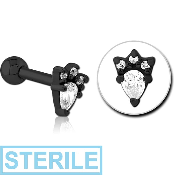 STERILE BLACK PVD COATED SURGICAL STEEL JEWELLED TRAGUS MICRO BARBELL - JESTER HAT