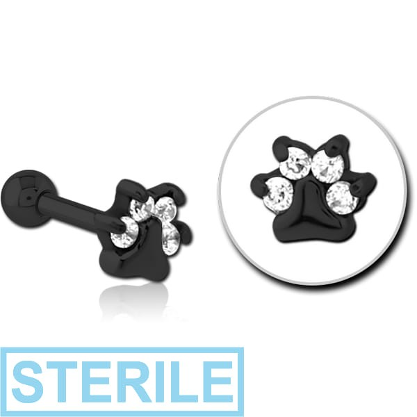 STERILE BLACK PVD COATED SURGICAL STEEL JEWELLED TRAGUS MICRO BARBELL - ANIMAL PAW