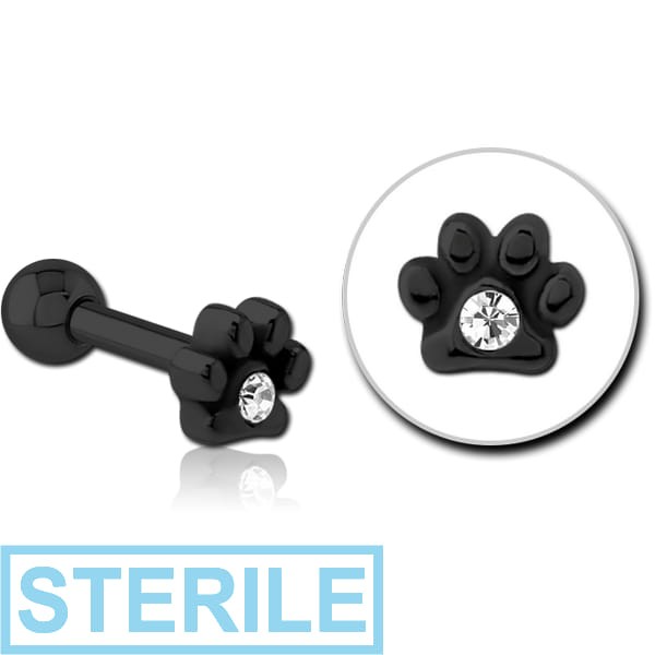 STERILE BLACK PVD COATED SURGICAL STEEL JEWELLED TRAGUS MICRO BARBELL - ANIMAL PAW CENTER GEM