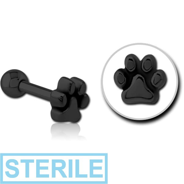 STERILE BLACK PVD COATED SURGICAL STEEL TRAGUS MICRO BARBELL - PLAIN ANIMAL PAW