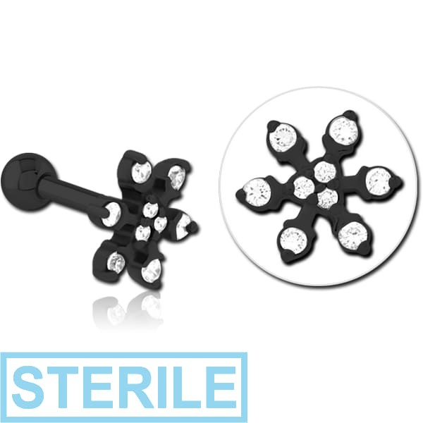 STERILE BLACK PVD COATED SURGICAL STEEL JEWELLED TRAGUS MICRO BARBELL - SNOWFLAKE