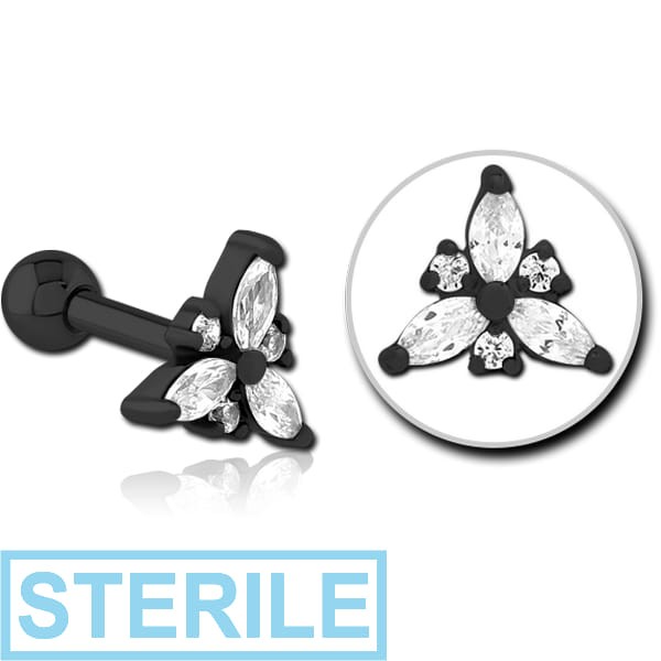 STERILE BLACK PVD COATED SURGICAL STEEL JEWELLED TRAGUS MICRO BARBELL - TRINITY